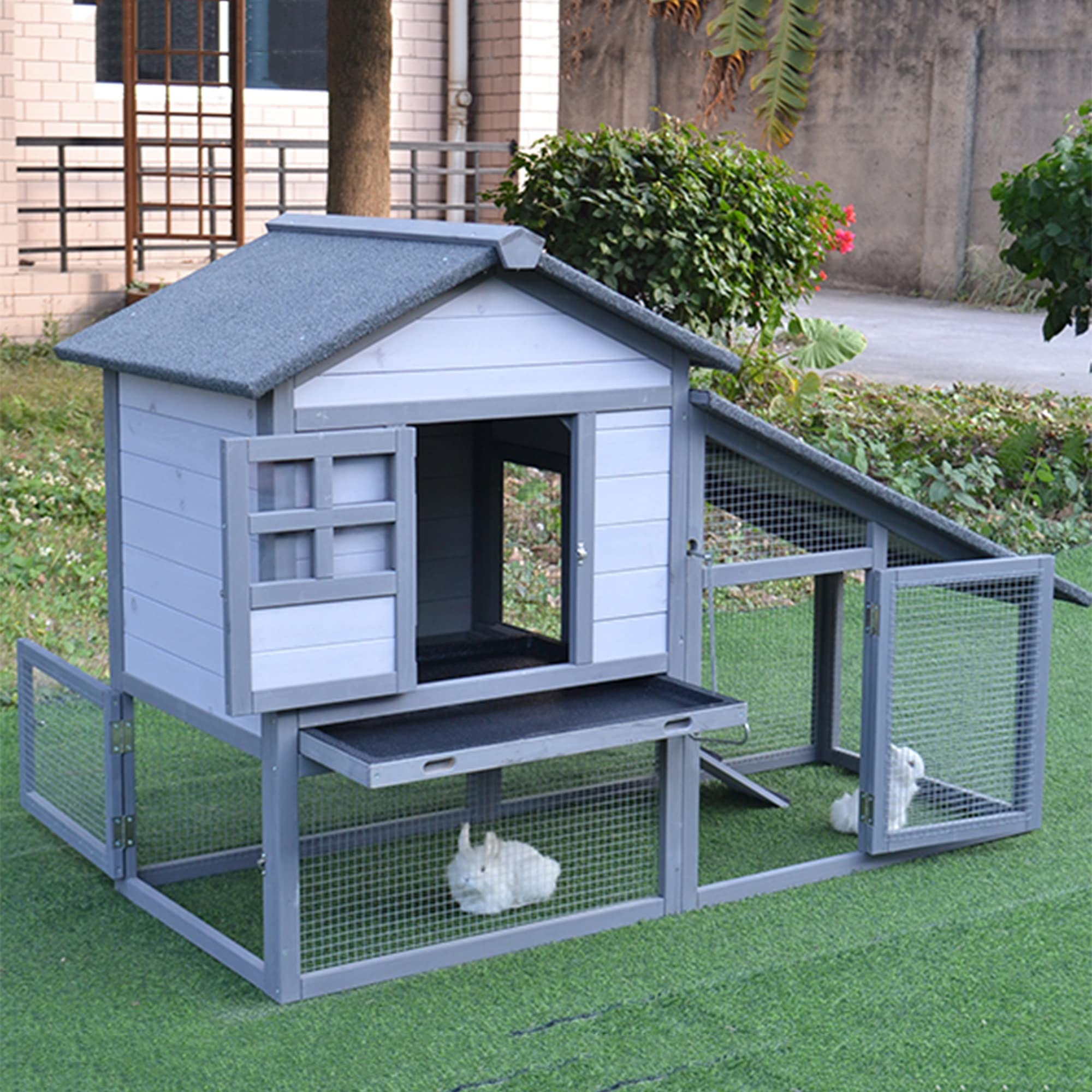 鶏小屋 屋外チキンコープ マルチレベル耐候性鶏舎 巣箱付き55インチ木製家禽ケージ ラン ランプ 金網 取り外し可能な底 丈夫で丈夫 水で洗える組み立て簡単 鶏用ケージ (Grey-151x66x100 cm) 32,245円
