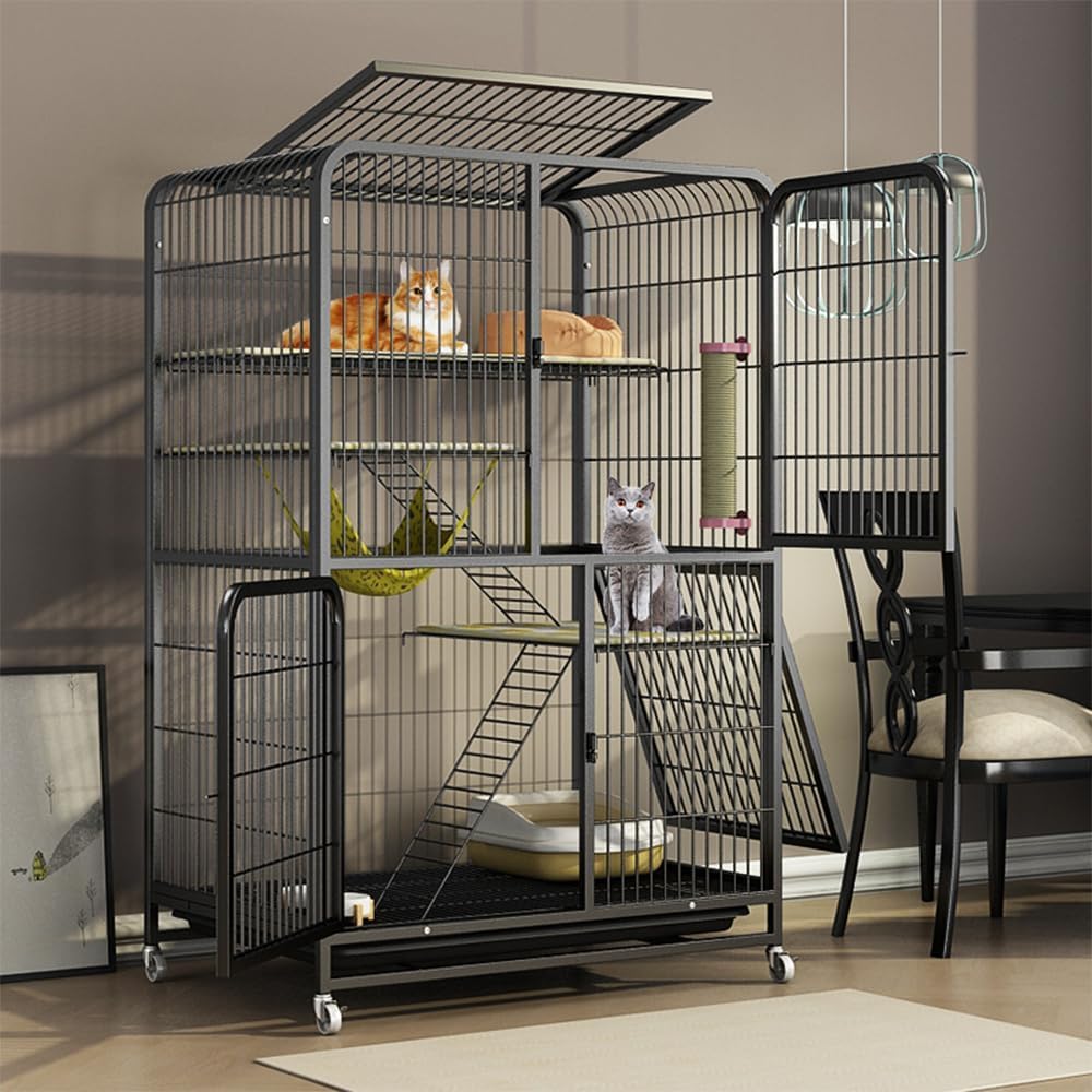 【ポイント2倍!特定商品!1月限定!】猫 ケージ 猫用ケージ 大型 黒 4階（78*55*137） 天窓付き 多層およびマルチドア設計 室内用猫ケージ 大型猫用ケージ 多頭飼い猫掃除が簡単 防臭移動便利 組立簡単 取り外し可能なペット用品 18,263円