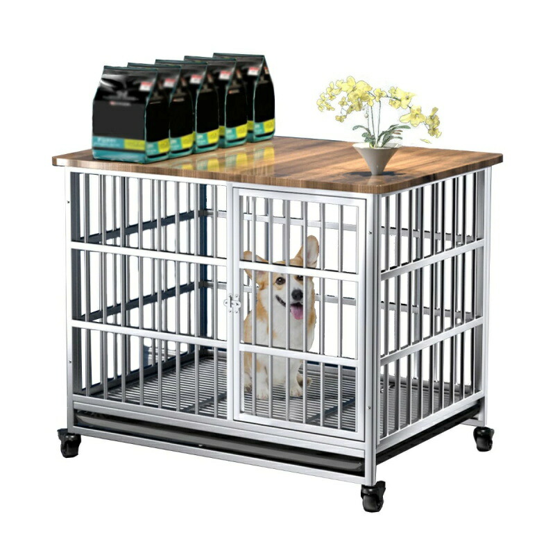 ペットケージ 木製 犬小屋 ステンレス鋼 犬用ケージ 屋根付き 小型犬 中型犬 大型 キャスター付き トレー付き ペットサークル ウッディサークル 頑丈 角パイプ 錆防止 組み立て 室内 おしゃれ ドッグケージ お手入れ簡単 Lサイズ