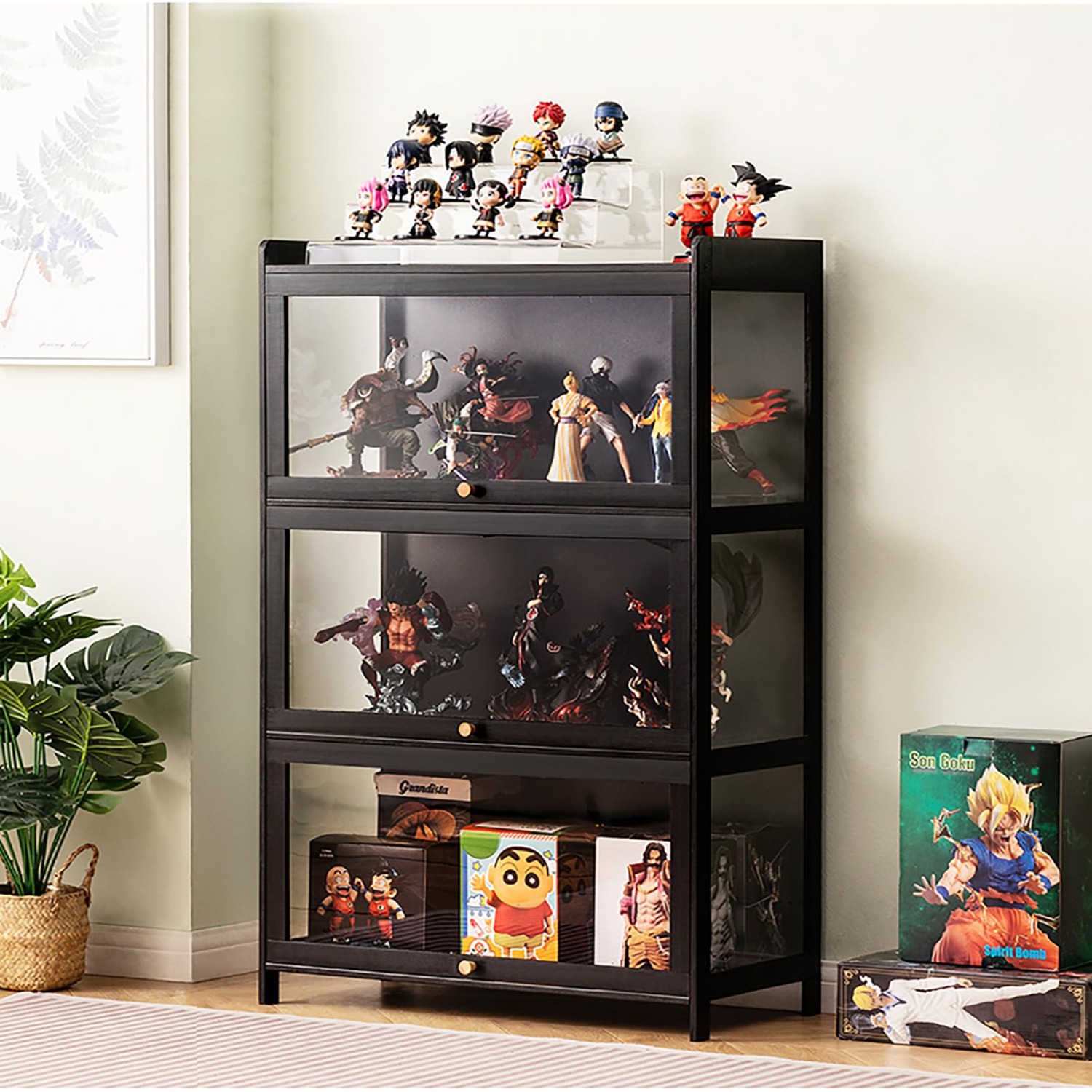 コレクションケース フィギュアケース ショーケース コレクションキャビネット 竹枠 コレクションボード ガラスケース フィギュア グッズ コレクションラック 大容量のストレージ両開きドア 大容量 コレクションボード キ 135*33*111cm 黒