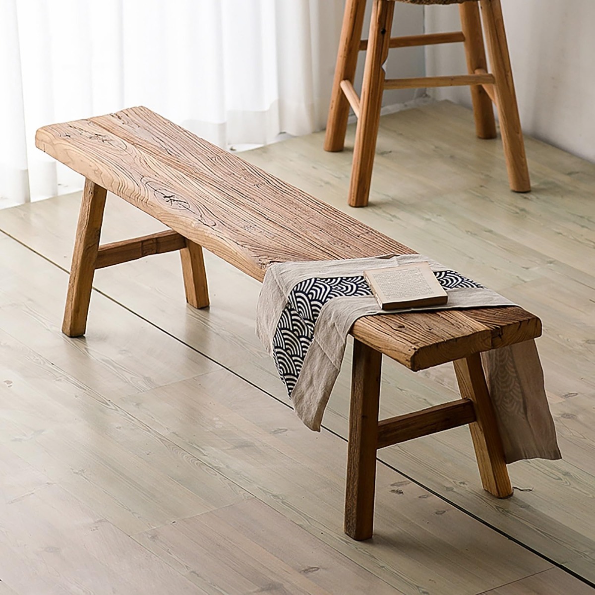 木製ロング ベンチ 無垢材 ダイニングベンチ ファームハウス ダイニングベンチ 100/120/140/160/180cm エントランスベンチ 松材 安定した耐荷重 組み立てが簡単 屋内でも屋外でも使用可能(180cm)