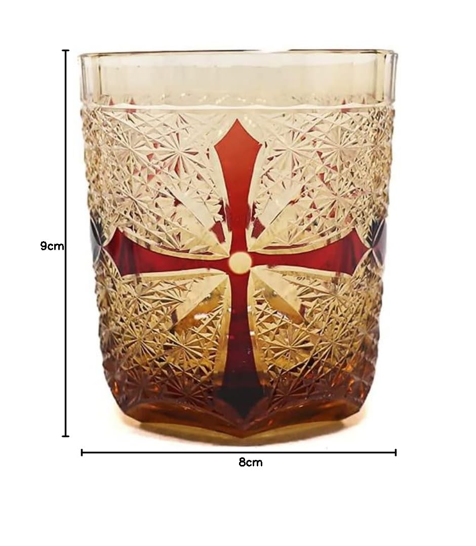 切り子ガラス 鍵を掛ける水呑み 冷酒杯 十字と菊柄 260ml 手作り ウィスキー水呑み 冷水水呑み (琥珀色色?黒)