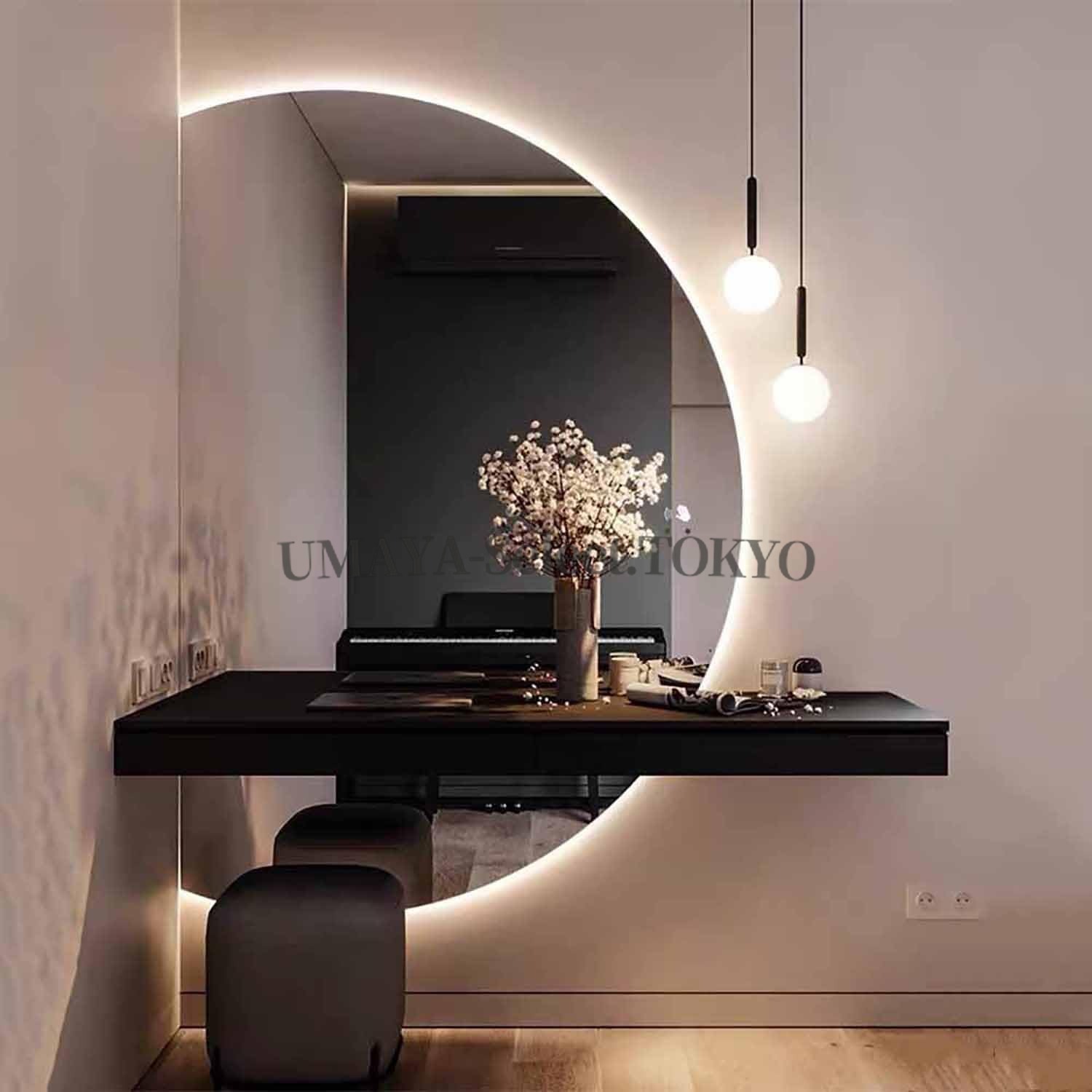 浴室用LEDミラー 120cm 130cm 半円形フレームレスウォールミラー 防曇機能付き 飛散防止 2色照明モード 寝室用姿見 多機能浴室鏡 取り付け簡単 北欧風デザイン 省スペース 高級感溢れる不規則装飾ミラー right 32&times;47in｜UMAYA-Select.TOKYO