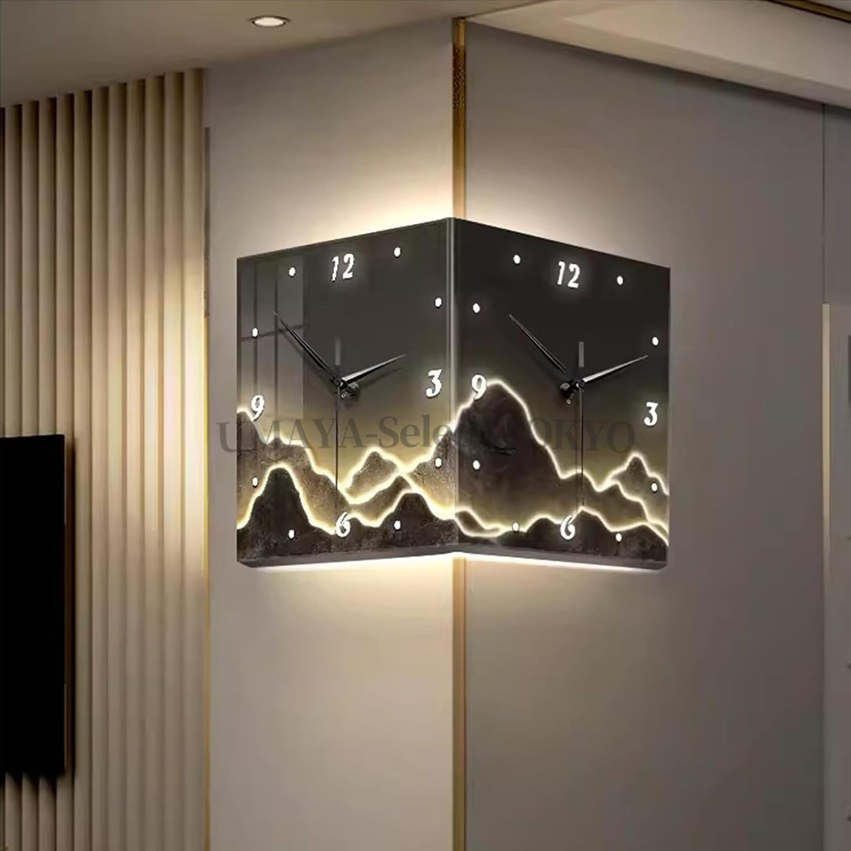 【ポイント2倍!7月限定!店舗の人気商品!】両面時計 両面コーナー壁掛け時計 折りたたみコーナー モダンー壁 山の風景壁掛け角度 環境に優しい素材 静かで正確な時間管理 リビングルーム 寝室 レストラン カフェ ポーチ ショップ ホテルでの使用に最適|UMAYA-Select.TOKYO