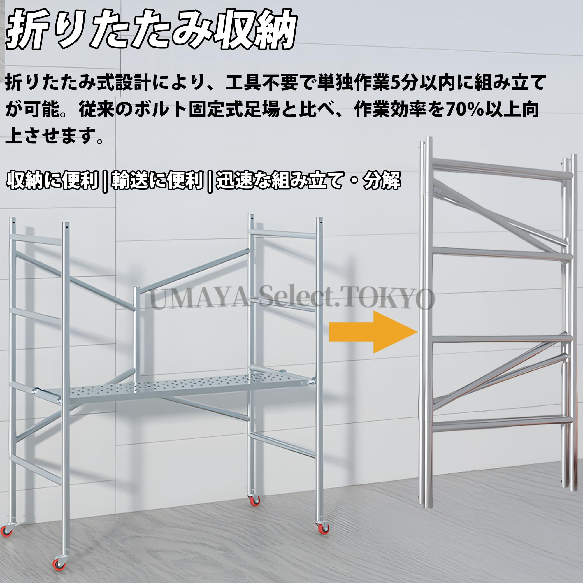 【ポイント4倍!7月限定!店舗の人気商品!】耐荷重500kg 折りたたみ 足場 高所作業台 足場台 足場板 作業用踏台 折りたたみ作業台 高さ135CM~375CM 移動足場 ステップ 踏台 高所 移動式 折りたたみ式足場 道具が置ける幅広ステップ 軽量 持ち運び便利 幅広い用途 屋内清掃|UMAYA-Select.TOKYO
