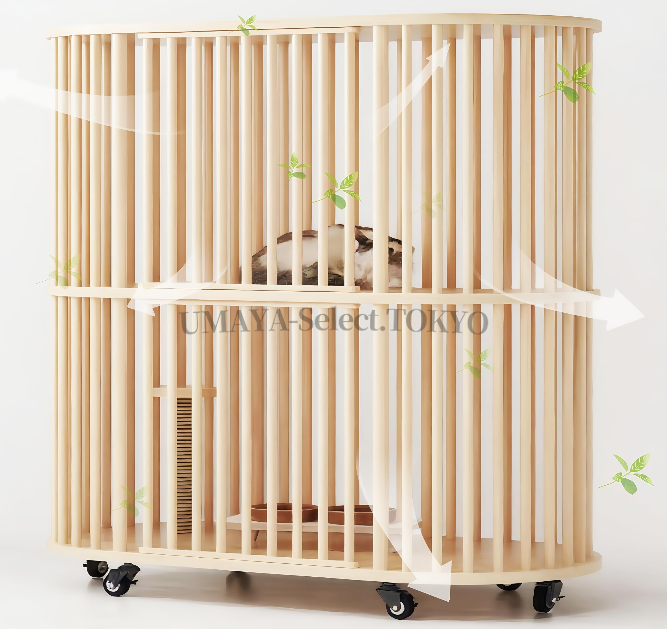 猫ケージ キャットハウス 2段 112*56*109cm 木製 猫用エンクロージャ 大型 ペットケージ キャスター付き 多頭飼い 広いスペース 猫の巣 猫別荘 保護 脱走防止 組立簡単|UMAYA-Select.TOKYO
