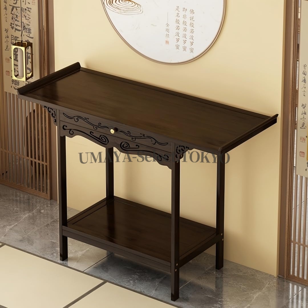 無垢材仏具台 供物台 経机 収納台 キャンドルホルダー付き サイズ50cm 66cm 80cm 100cmから選べる長方形木製祭壇 仏像ベース 盆鉢用品 仏龕前 リビングルーム ベッドルーム オフィスに最適なプロ仕様のメモリアルテーブル｜UMAYA-Select.TOKYO