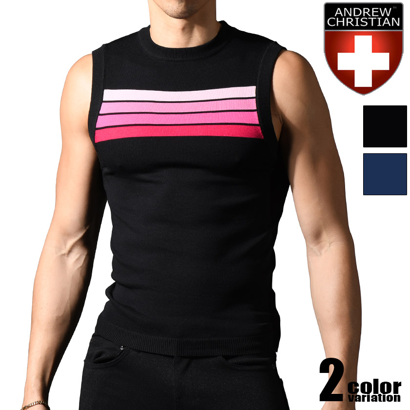 AndrewChristian/アンドリュークリスチャン Knit Stripe Sleeveless 袖なし トップス スリーブレス ボーダー メンズ クルーネック