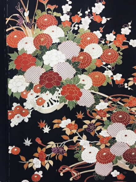 797  手書き友禅黒留袖 正絹黒留袖 新品未仕立てもの品 仮絵羽仕立てもの 華車柄 礼装用 御芽出度 フォーマル 御芽出度お上さんの第一礼装です 絹100% 御芽出度のお取り持ち役、ご両親、ご親族グループの方に！