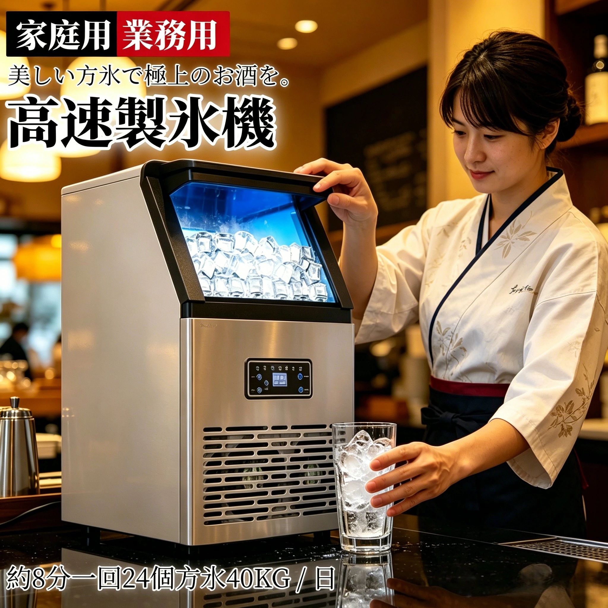 透明方氷 家庭用高純度透明氷 約8/10分 家庭用 業務用 タイマー予約 ウイスキー 一台二役 タッチパネル 小型 自動洗浄機能 溶けにくい 透明氷メーカー 全自動方氷製造機 24個の氷 40KG/60KG日 保冷機能アップ アイスメーカー 家族 パーティー|馨琳閣
