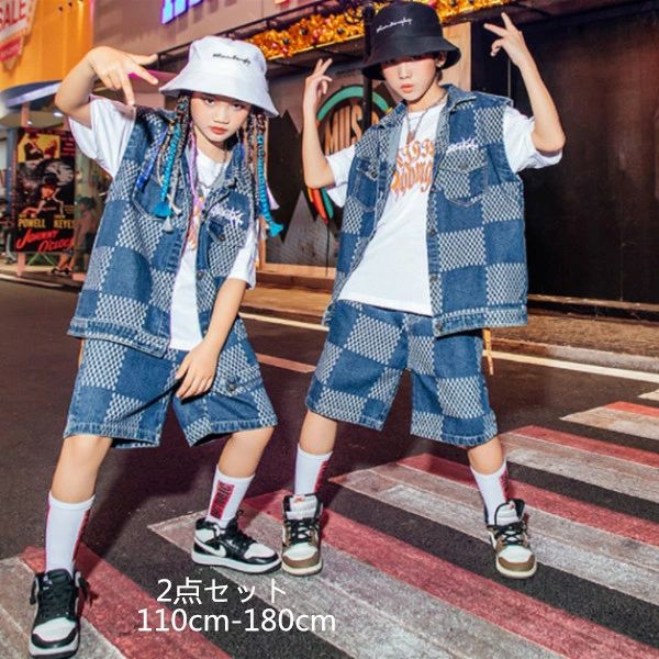 ダンス衣装 デニム セットアップ 男の子 女の子 カジュアル ヒップホップ チェック柄 上下セット デニムベスト+デニムショートパンツ ゆったり 2点セット オシャレ hiphop 演出服 舞台 団体服 応援団 練習着 男女兼用 夏着 大人気｜馨琳閣