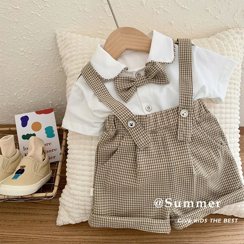 夏 半袖 コットン 綿製 セットアップ 2点セット 男の子 シャツ ショートパンツ サロペット キッズ服 スーツ 上下セット 赤ちゃん 子ども服｜馨琳閣