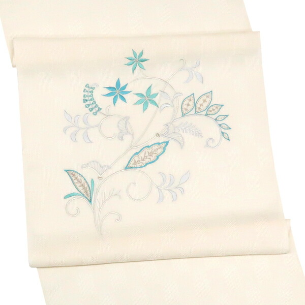 ≪15%OFFクーポンあり≫刺繍 名古屋帯 白 スリーシーズン対応 仕立て付き 正絹 唐草 更紗 草花 カジュアル 新品 購入 販売 袷 単衣 九寸帯 未仕立て 反物 仕立て込み 絹 お太鼓柄 no-525［emb］