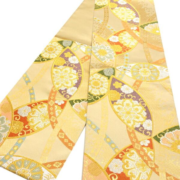 ≪20%OFF/セール中≫振袖袋帯 金色 加藤善 仕立て付き 成人式 帯 正絹 新品 購入 販売 未仕立て 西陣織 結婚式 礼装用 フォーマル 古典柄 輪繋ぎ 七宝 仕立て込み ゴールド ffo-466