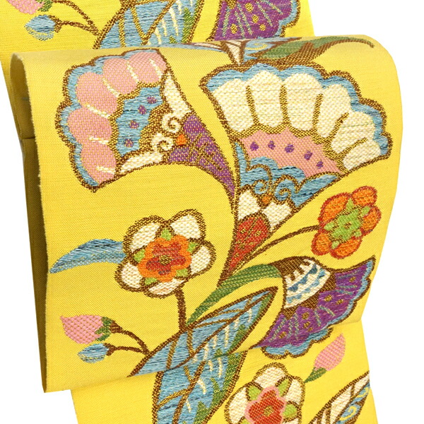 ≪15%OFF/セール中≫帯屋捨松 八寸名古屋帯 正絹 仕立て付き 黄色 紬帯 モダンロマン文 唐花 更紗 西陣織 帯 新品 八寸帯 袋名古屋帯 かがり帯 未仕立て 反物 カジュアル 仕立て込み 絹 no-542