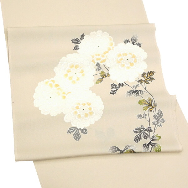 ≪15%OFF/割引き販売≫塩瀬名古屋帯 正絹 一富司 仕立てもの付き添い人 ベージュ 染め帯 京友禅染め 新品 九寸帯 九寸名古屋帯 袷 菊 布切れ 心地よい 仕立てもの込み 折り目正しい物 絹 茶の葉会 no-633［art］ 和服-レディースファッション-帯