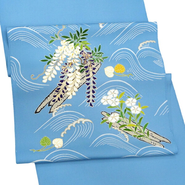 新品・未仕立て☆手描き作家・塩瀬染帯☆猫と池の魚柄