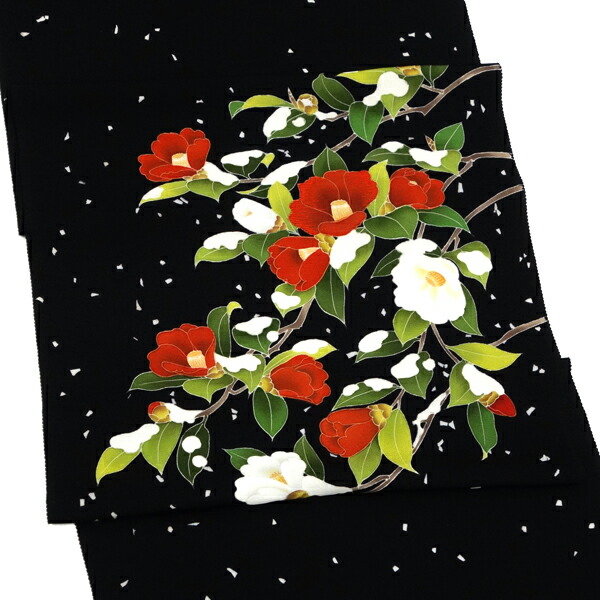 楽天市場】名古屋帯 十日町友禅 秀美 浜ちりめん 黒地 雪持ち椿 椿 花