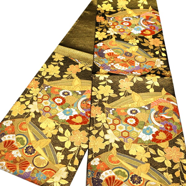 ≪15%OFFクーポンあり≫橋本テル織物 振袖用 袋帯 黒 金 仕立て上がり 振袖帯 正絹 西陣織 礼装 フォーマル 新品 販売 購入 糸巻 桜 菊 牡丹 鳳凰 蝶 亀甲 七宝 古典 成人式 結婚式 帯 絹 ffo-328｜京都の着物屋 かさね