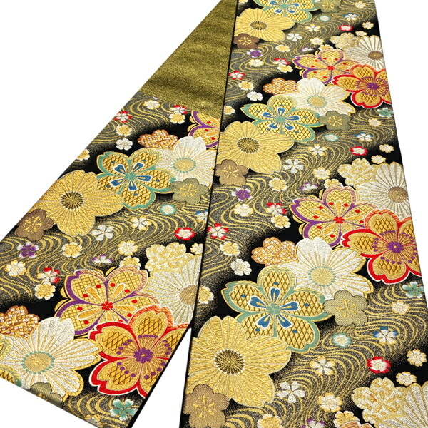 楽天市場】廣部商事 袋帯 振袖用 黒 仕立て上がり 七宝 桜 華文 菊