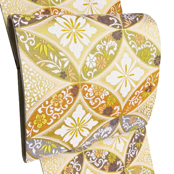 ≪15%OFF/百貨店SALE≫袋帯 西陣織 ふくい 仕立てもの付き添い人 フォーマル ベージュ 花七宝 礼装用袋帯 正絹 新品 売りわたす 買いもとめる 未仕立てもの 御芽出度 絹 仕立てもの込み 茶の葉会 fo-1110