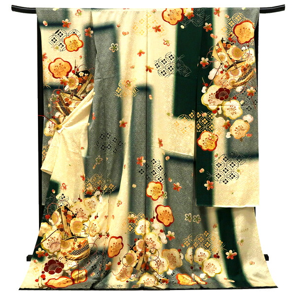 振袖 ベージュ 仕立て付き 新品 販売 購入 古典柄 糸巻 梅 桜 花七宝 疋田 高畠華宵 正絹 フォーマル 着物 未仕立て 仕立て込み 成人式 卒業式 絹 f-750