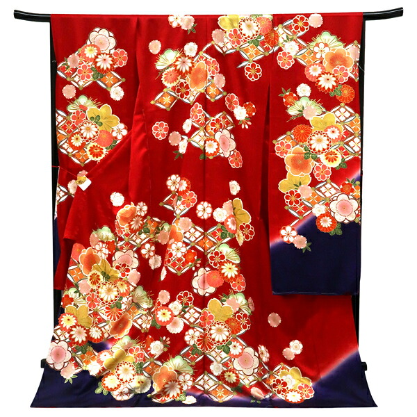 ≪15%OFF/百貨店SALE≫振袖 型染め京友禅 赤 仕立てもの付き添い人 新品 売りわたす 買いもとめる 名著柄 菊 梅 桜 松葉 花七宝 正絹 フォーマル 御召しもの 未仕立てもの 仕立てもの込み 成年者式 卒式 絹 f-751