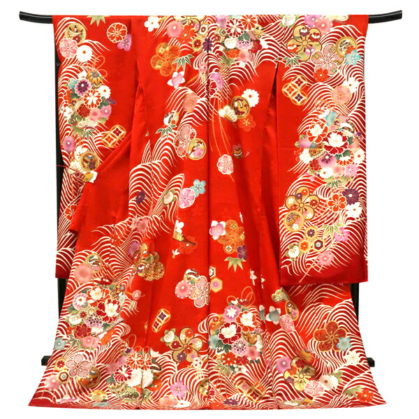 ≪15%OFF/百貨店SALE≫振袖  型染め京友禅 緋色 赤 仕立てもの付き添い人 新品 売りわたす 買いもとめる 名著柄 花くす玉 菊 桜 梅 楓 橘 毬 こっぽりサボ 鈴 松 西洋紙 正絹 フォーマル 御召しもの 未仕立てもの 成年者式 卒式 絹 f-758