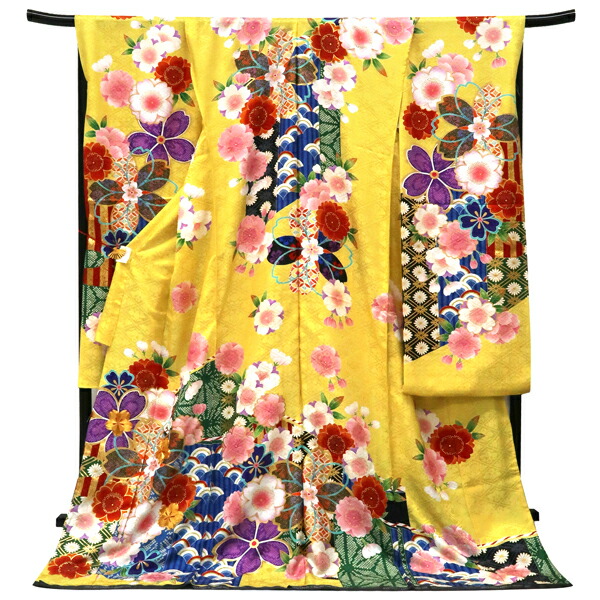 ≪15%OFF/百貨店SALE≫振袖 関芳 IKKO 黄味がかった 仕立てもの付き添い人 新品 売りわたす 買いもとめる 名著柄 桜 青海波 花菱 透かし彫り 七宝 紗綾形 麻葉 疋田 正絹 フォーマル 御召しもの 未仕立てもの 成年者式 卒式 絹 f-759