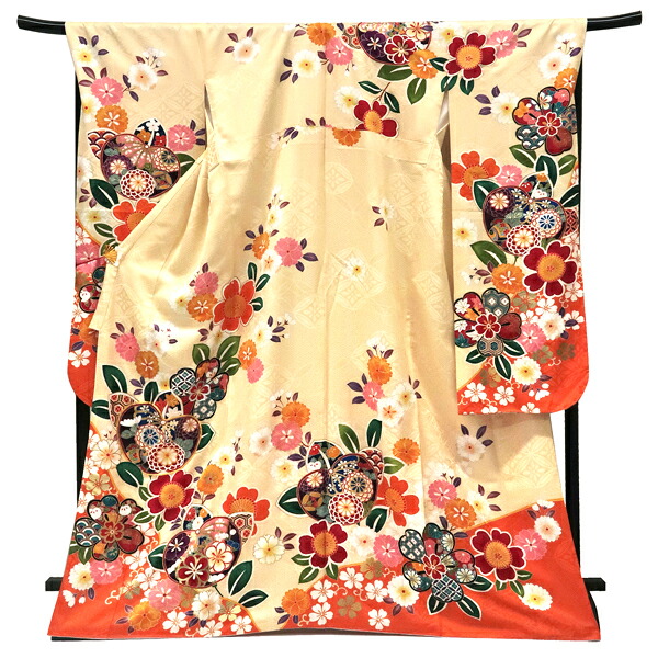 ≪15%OFFクーポンあり≫振袖 クリーム色 仕立て上がり 新品 販売 購入 古典柄 橘 桜 菊 梅 花菱 青海波 亀甲 宝尽くし 正絹 フォーマル 礼装 成人式 卒業式 絹 f-776｜京都の着物屋 かさね