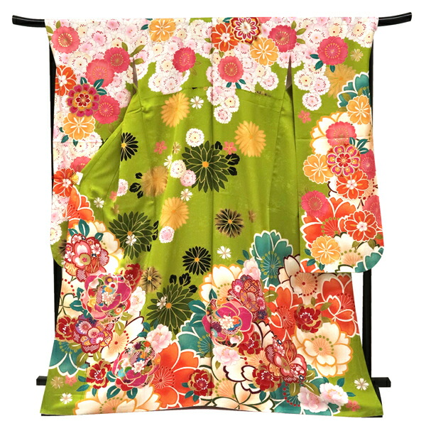 ≪15%OFF/セール中≫振袖 黄緑 仕立て上がり 新品 販売 購入 古典柄 桜 菊 梅 楓 椿 橘 四季花 正絹 フォーマル 礼装 成人式 卒業式 絹 f-778