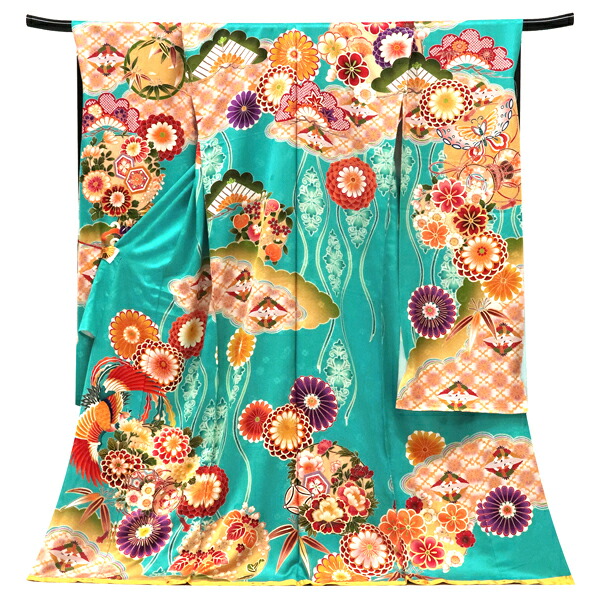 ≪15%OFF/百貨店SALE≫華乱ブランド名 振袖 水色 仕立てもの付き添い人 新品 売りわたす 買いもとめる 名著柄 花の丸 菊 松竹梅 鳳凰 正絹 フォーマル 御召しもの 成年者式 絹 f-780