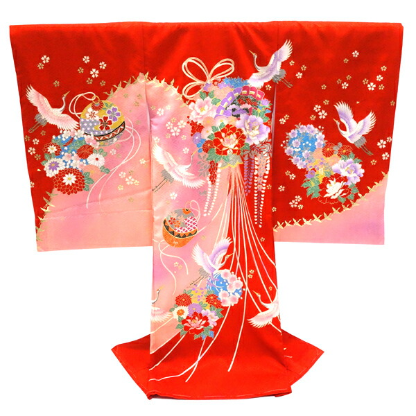 ≪15%OFFクーポンあり≫産着 女の子 赤 ピンク お宮参り 正絹 着物 初着 のしめ 新品 販売 購入 女 宮参り くす玉 檜扇 扇面 牡丹 鶴 仕立て上がり 赤ちゃん 女児 ju-125|京都の着物屋 かさね
