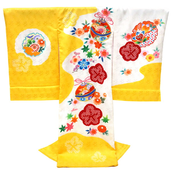 手描き友禅 産着 女の子 販売 黄色 白 お宮参り 正絹 着物 初着 のしめ 新品 購入 女 宮参り 鈴 桜 仕立て上がり 赤ちゃん 女児 ju-253