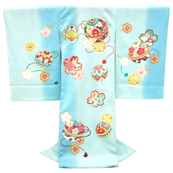産着 女の子 販売 水色 手描友禅 お宮参り 正絹 着物 初着 のしめ 新品 購入 女 毬 桜 仕立て上がり 赤ちゃん 女児 ju-53