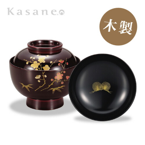 デッドストック！！上質内朱黒漆に極上梅文沈金の映える雑煮椀2点（検木曽漆器沈金椀 デッドストック！上質黒漆に極上菊詰沈金蒔絵のお椀2点（検
