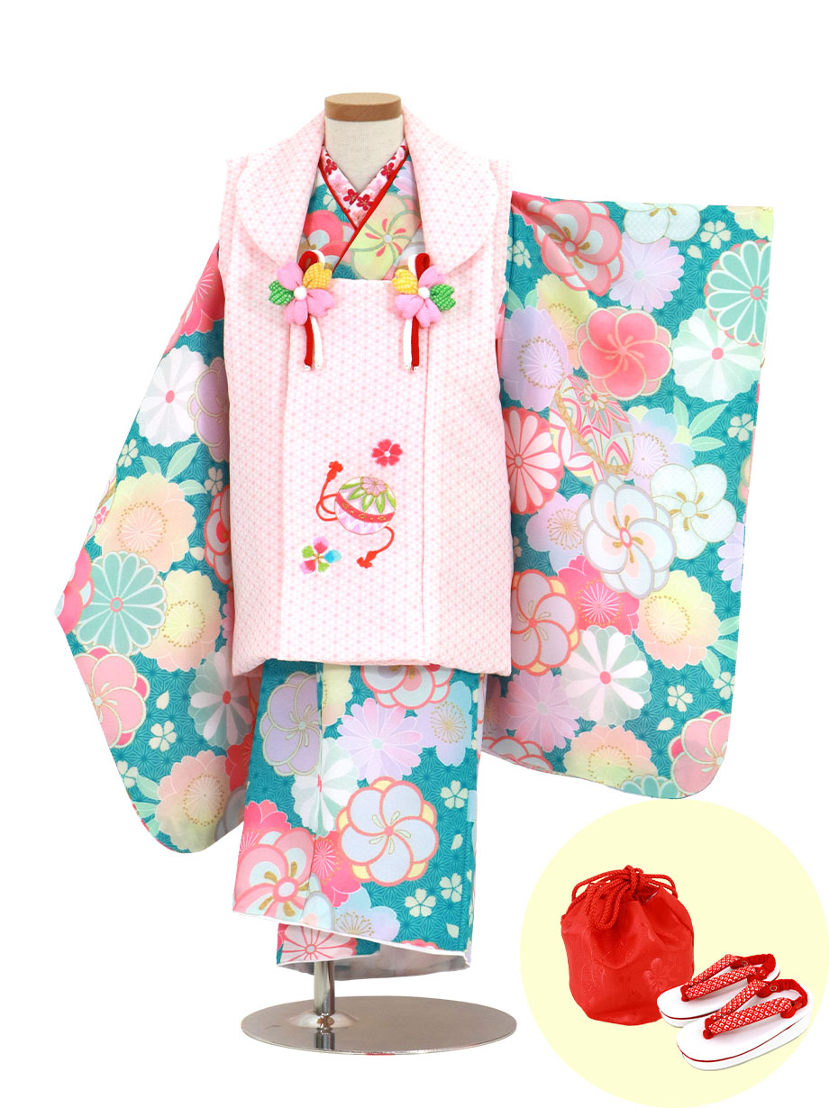 再再販 七五三 着物 3歳 フルセットレンタル 女の子 往復 送料無料 安心パック無料 青 ブルー 被布 フルセット 七五三レンタル 被布セット 753 三歳 3才 子供 セット 七五三参り 撮影 前撮り 結婚式 初詣 青地にねじ梅と桜に鞠 被布コートセット Fucoa Cl