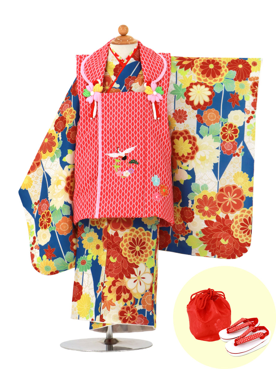 モデル着用 注目アイテム 七五三 着物 3歳 フルセットレンタル 女の子 往復 送料無料 安心パック無料 青 ブルー 被布 フルセット 七五三レンタル 被布セット 753 三歳 3才 子供 セット 七五三参り 撮影 前撮り 結婚式 初詣 青の矢絣にダリア 被布コートセット Fucoa Cl