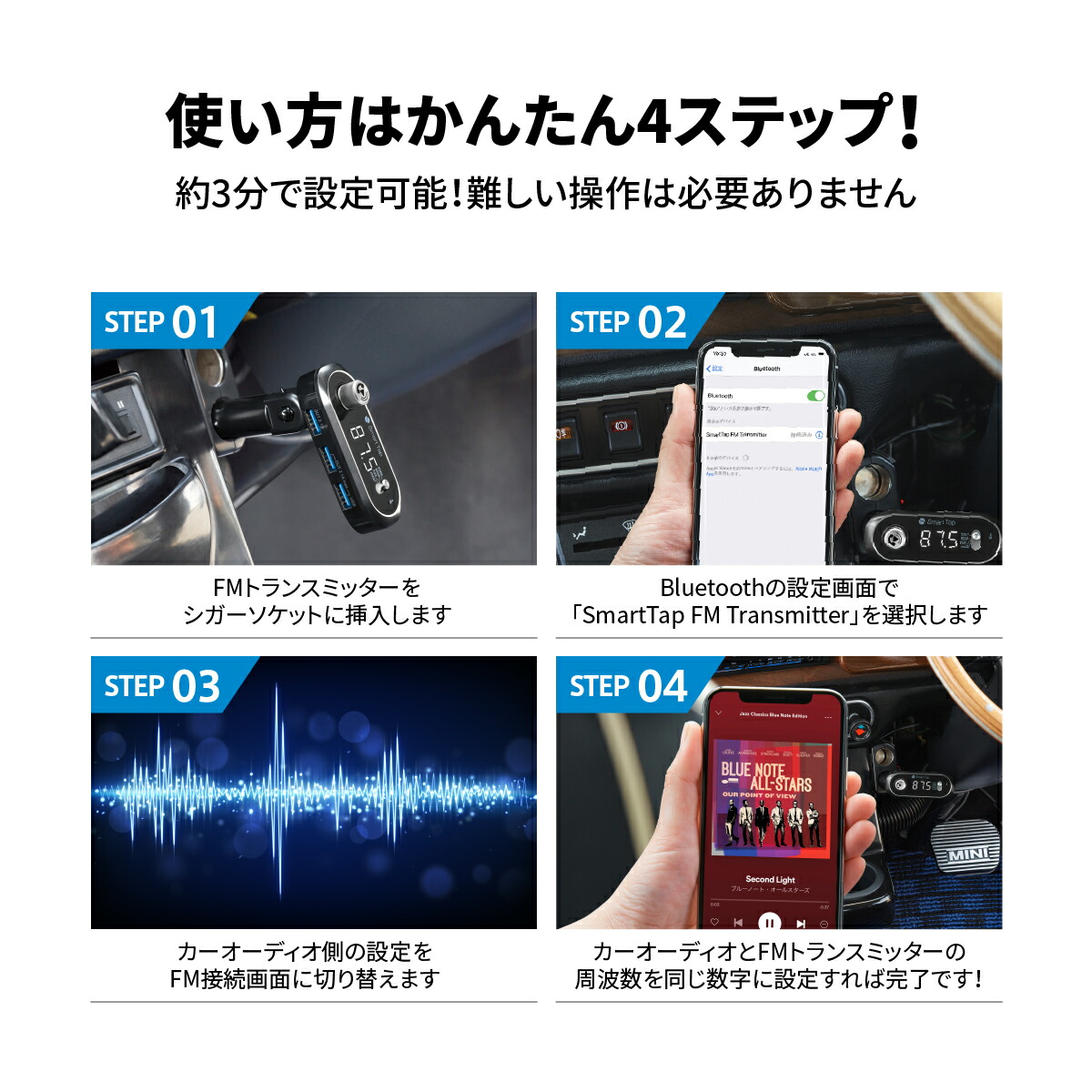 楽天市場 スーパーsale ポイントバック Fmトランスミッター Bluetooth 高音質 全239ch 76 1 99 9mhz 12 24v対応 車 充電 ワイヤレス Smart Tap Fm トランスミッター Bluetooth 車 ギフト Smart Tap 楽天市場店