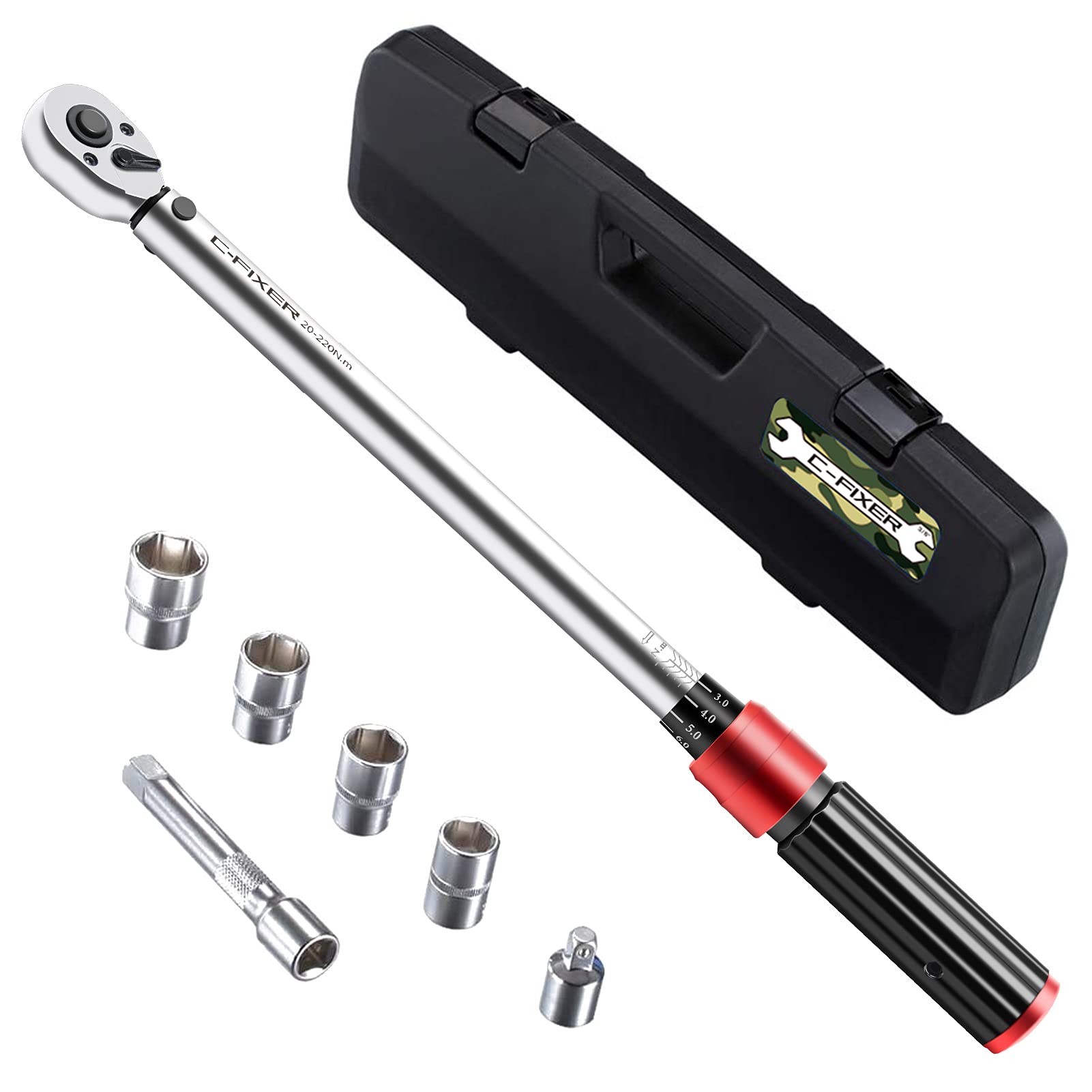 トルクレンチ プレセット型 車/バイク修理レンチ 差込角12.7mm(1/2インチ) 20-220N?m タイヤ交換 17/19/21/24mm 3/8変換ソケット付き ソケットレンチ ケース付き