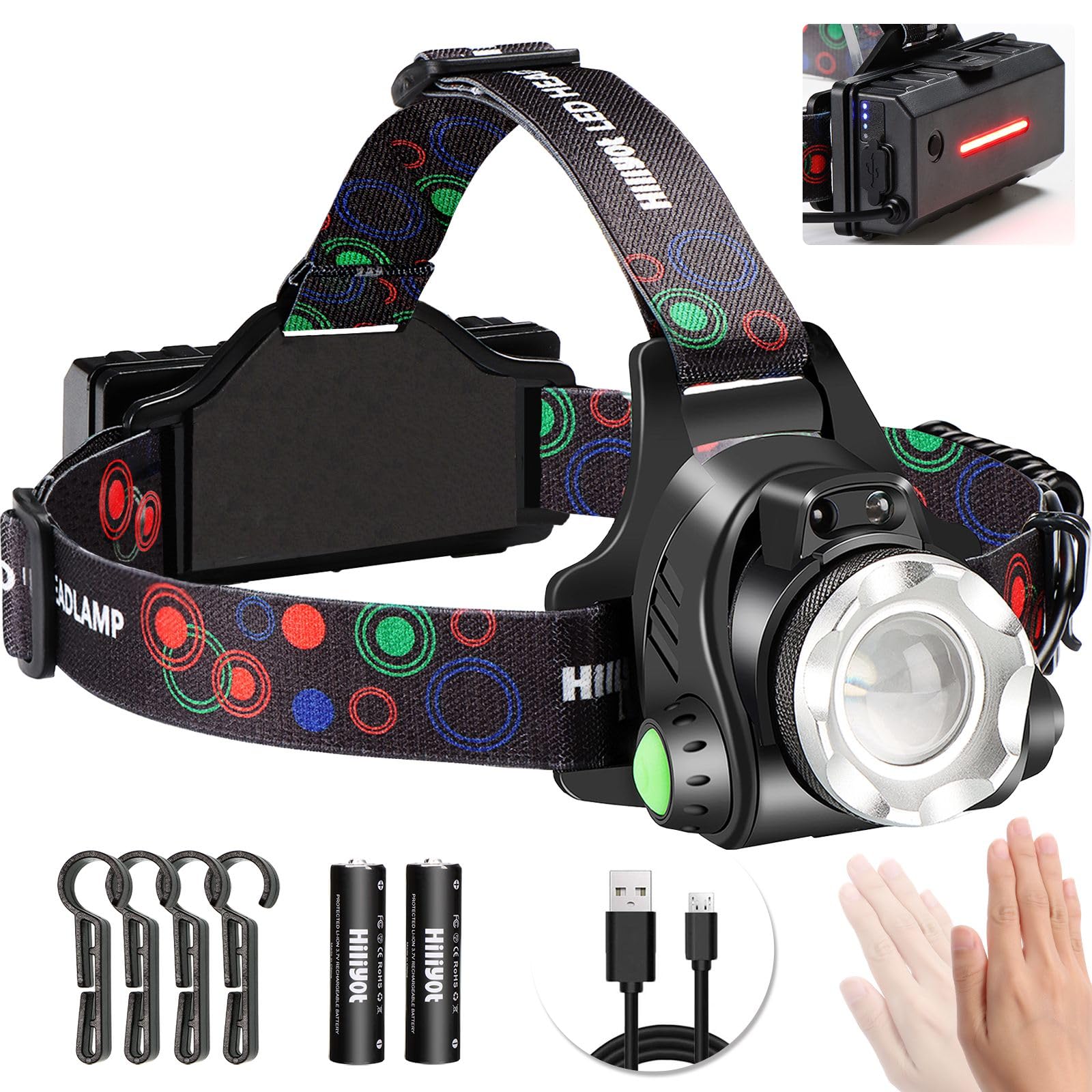 【新品未使用】ヘッドライト LED 強力 超高輝度 防水 Type-C 充電式 ヘッドライト 充電式 LED USB type-c 230° 2000mah大容量 人感