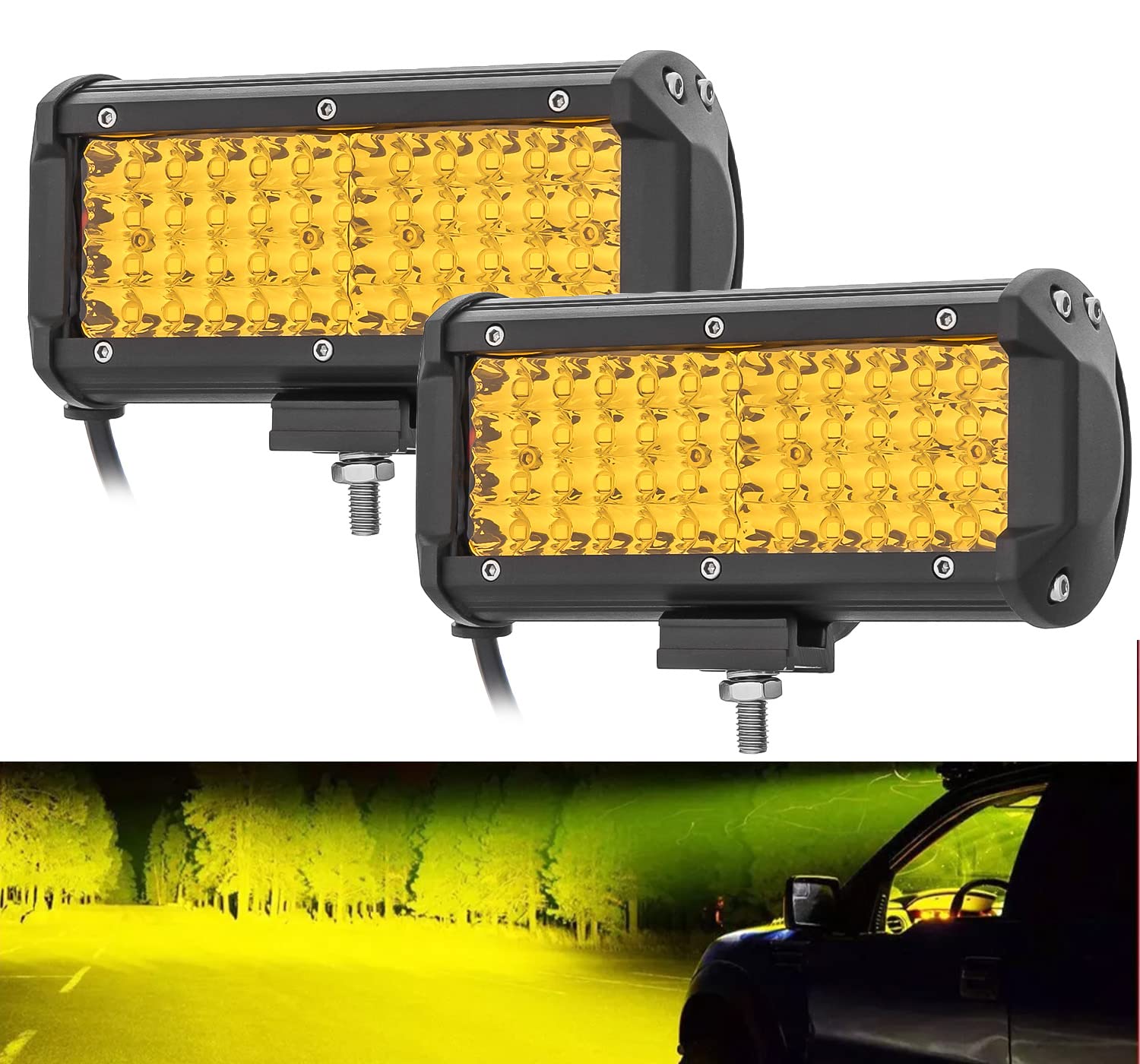高輝度 フォグランプ LED作業灯 デッキライト ワークライト イエロー(3000K) 144W 12V-48V対応 [各種バイク/車に対応 雨/雪/霧にも高い視認性] 爆光 IP67防水 防塵 防震 前照灯 2個セット