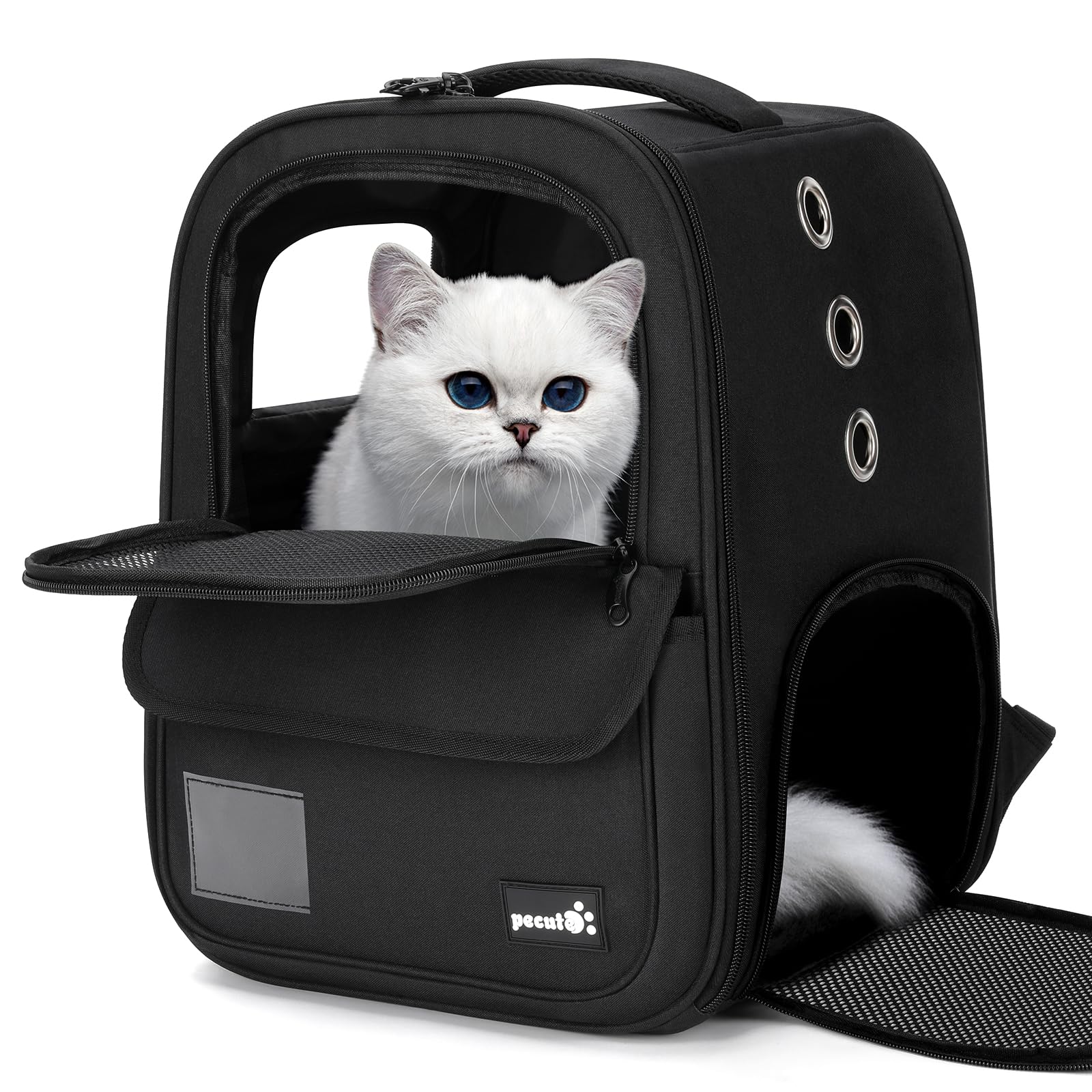 ペキュート 猫 キャリー リュックペット キャリーバッグ 犬 猫 ウサギ リュック 猫 リュックマルチエントランス付き 通気性 軽量 折りたたみ式 バッグ ペットハウス ドライブ 旅行 通院 災害避難用ペットバッグ ブラック