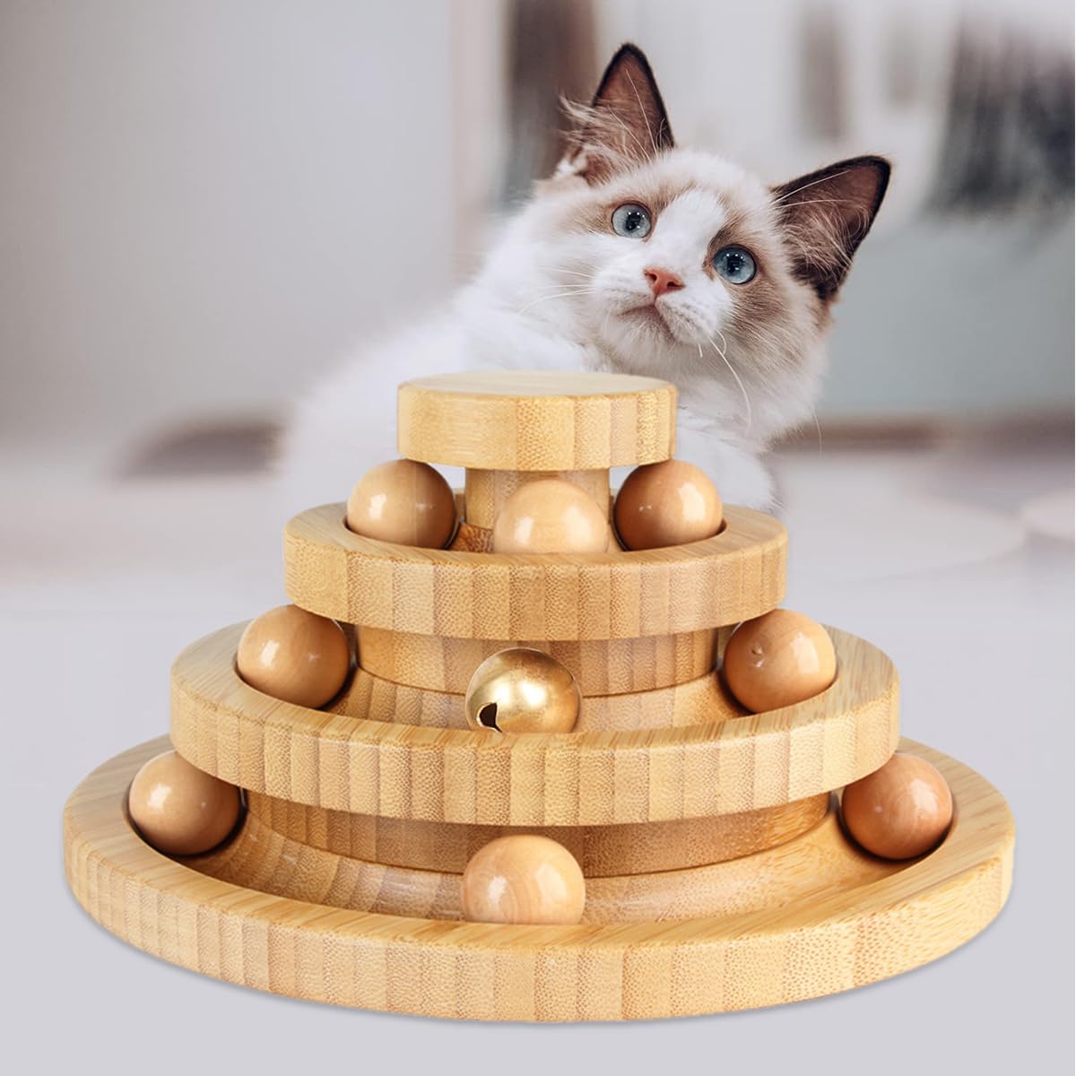 猫 おもちゃ ボール 木製 一人遊び 猫おもちゃ ねこ おもちゃ 猫じゃらし ネコ 竹製 ボール回転盤 猫じゃらし ボール 回転 タワー ぐるぐる 遊ぶ盤 猫 玩具 ねこじゃらし 猫遊び ひとり遊び 猫用品 ペット用品 遊べる 運動不足 ストレス解消 (ブラウン)