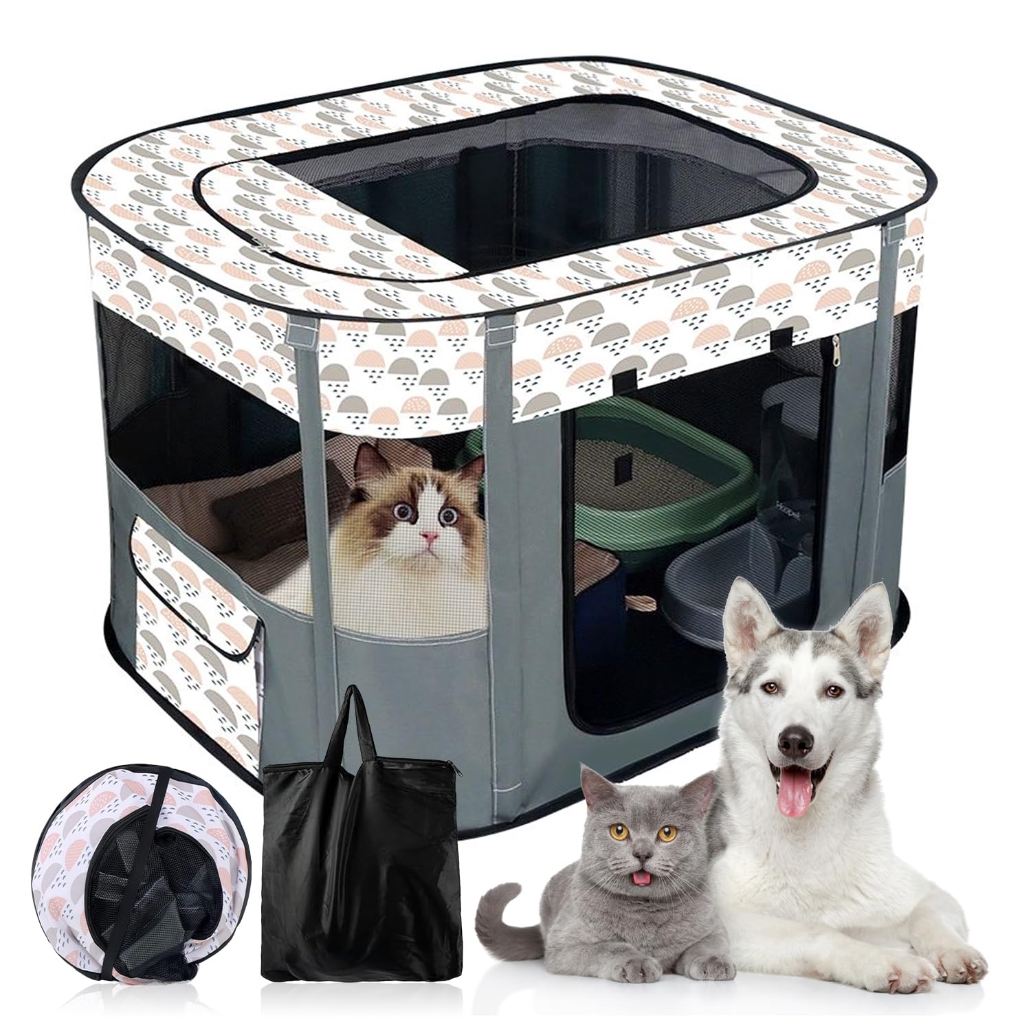 ペットサークル 折りたたみ 80 cm*60 cm*55 cm 長方形 室内 猫 犬 ケージ 屋根付き 折り畳み 哺乳期 ペット分娩室 大空& 軽量 使用便利 防水性 300Dオックスフォード布 組立簡単 収納袋付き (（グレー 80*60*55CM))