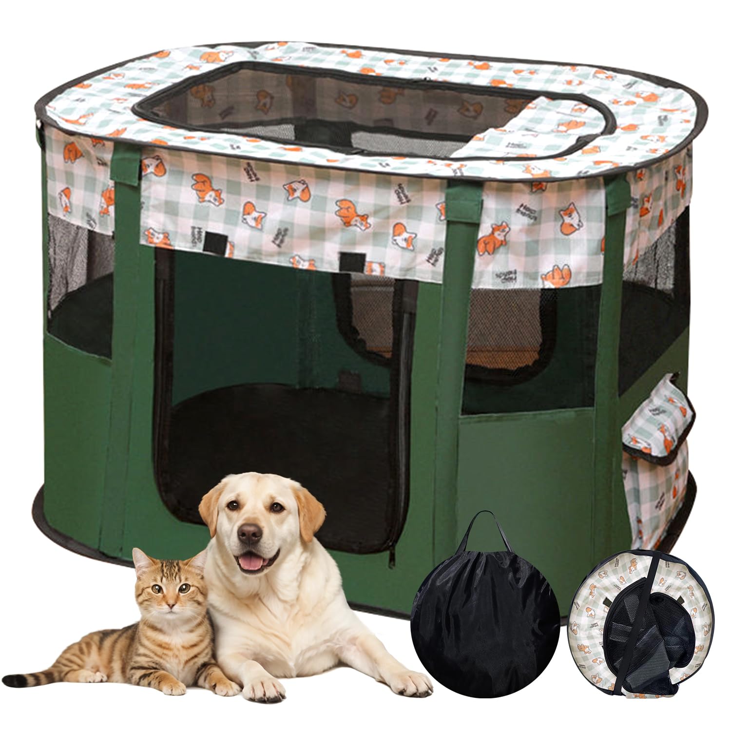 ペットサークル 折りたたみ 80 cm*60 cm*55 cm 長方形 室内 猫 犬 ケージ 屋根付き 折り畳み 哺乳期 ペット分娩室 大空& 軽量 使用便利 防水性 300Dオックスフォード布 組立簡単 収納袋付き (（80*60*55CM グリーン))