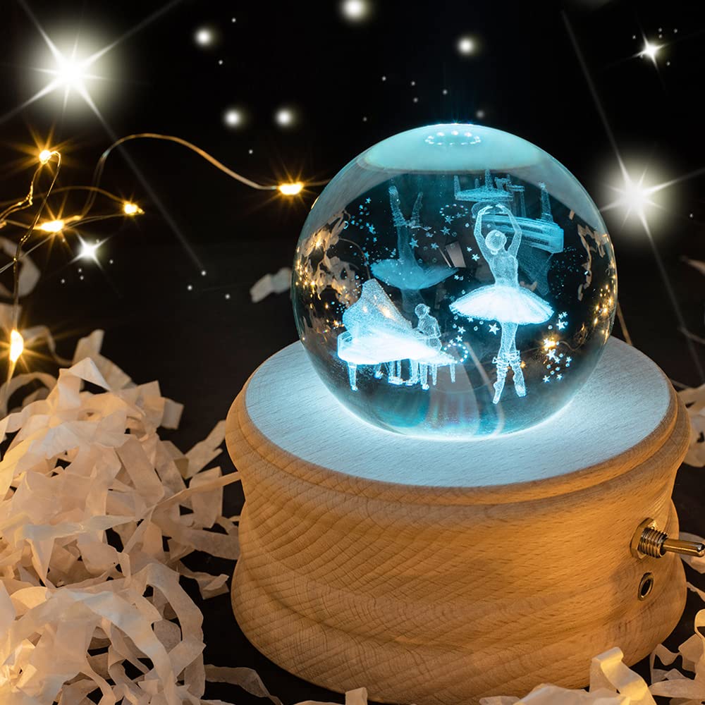 オルゴール 誕生日プレゼント バレリーナ クリスタル ボール クリスマス ギフト スノードーム バレンタインデー RGBカラフル 月のランプ 彼女 間接照明 ベッドサイドランプ LEDライト USB充電 投影機能 インテリア おしゃれ 木製 手作り結婚祝い 卒業祝い