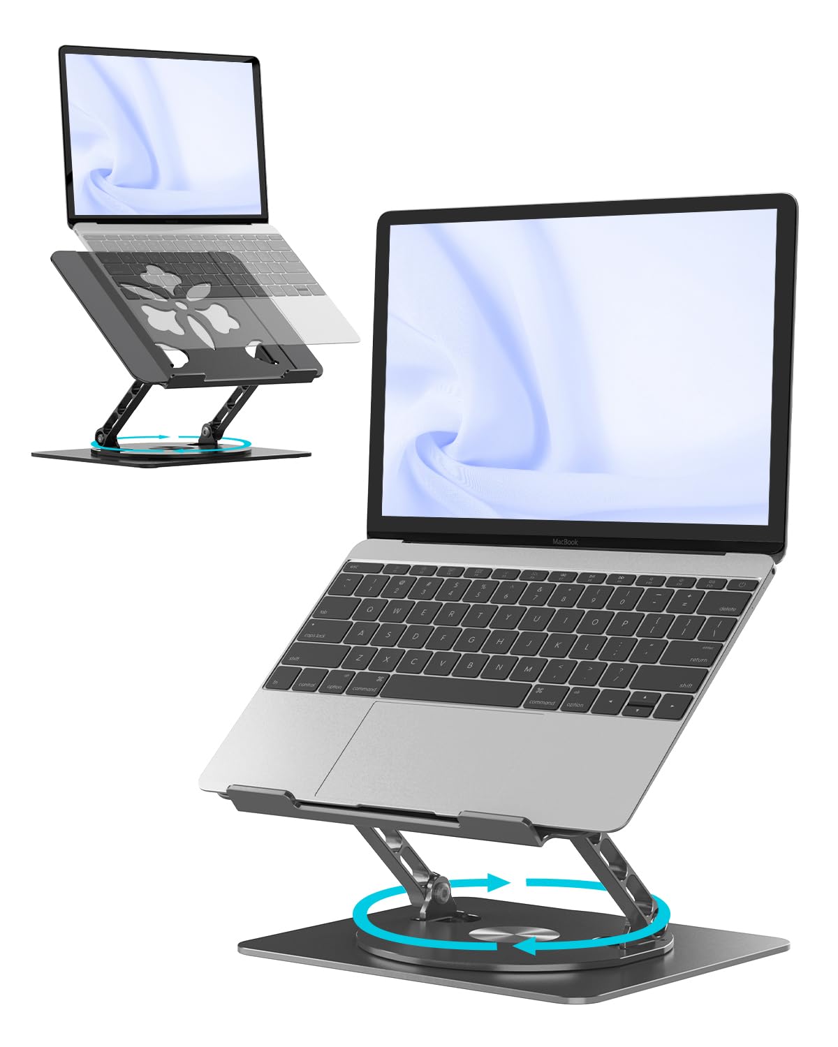 ノートパソコンスタンド- ホルダー PC 360°回転式 人間工学 無段階高さ&角度調整可能 姿勢改善 腰痛＆猫背＆肩こり解消 滑り止め 在宅仕事 つくえ 机 省スペース アルミ製折り畳み可能 ZOOM会議 Macbook Air Macbook Pro iPad 16インチまでのノートパソコン