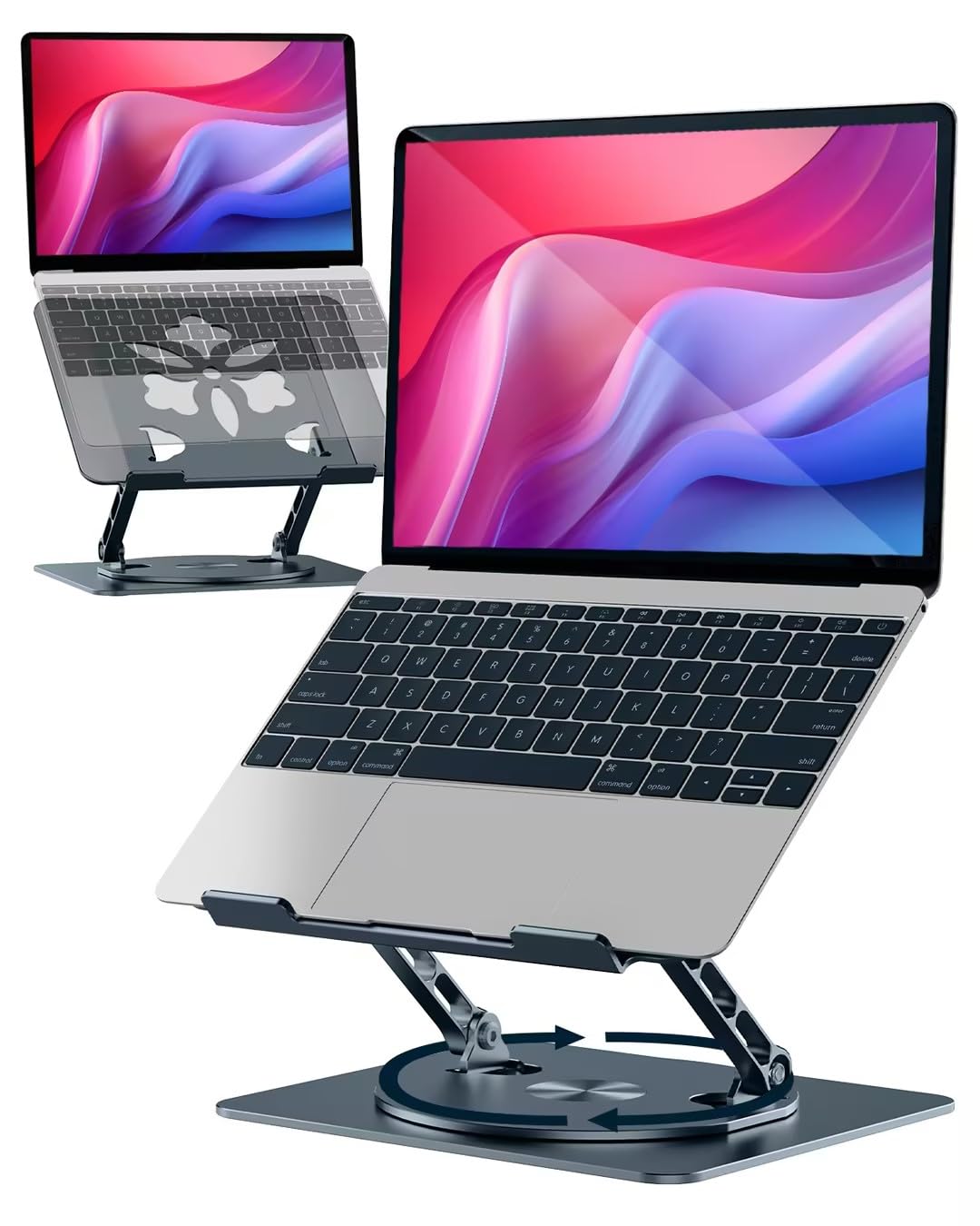 ノートパソコンスタンド- ホルダー PC 360回転式 人間工学 無段階高さ&角度調整可能 姿勢改善 腰痛＆猫背＆肩こり解消 滑り止め 在宅仕事 つくえ 机 省スペース アルミ製折り畳み可能 ZOOM会議 Macbook Air Macbook Pro iPad 15.6インチまでのノートパソコン
