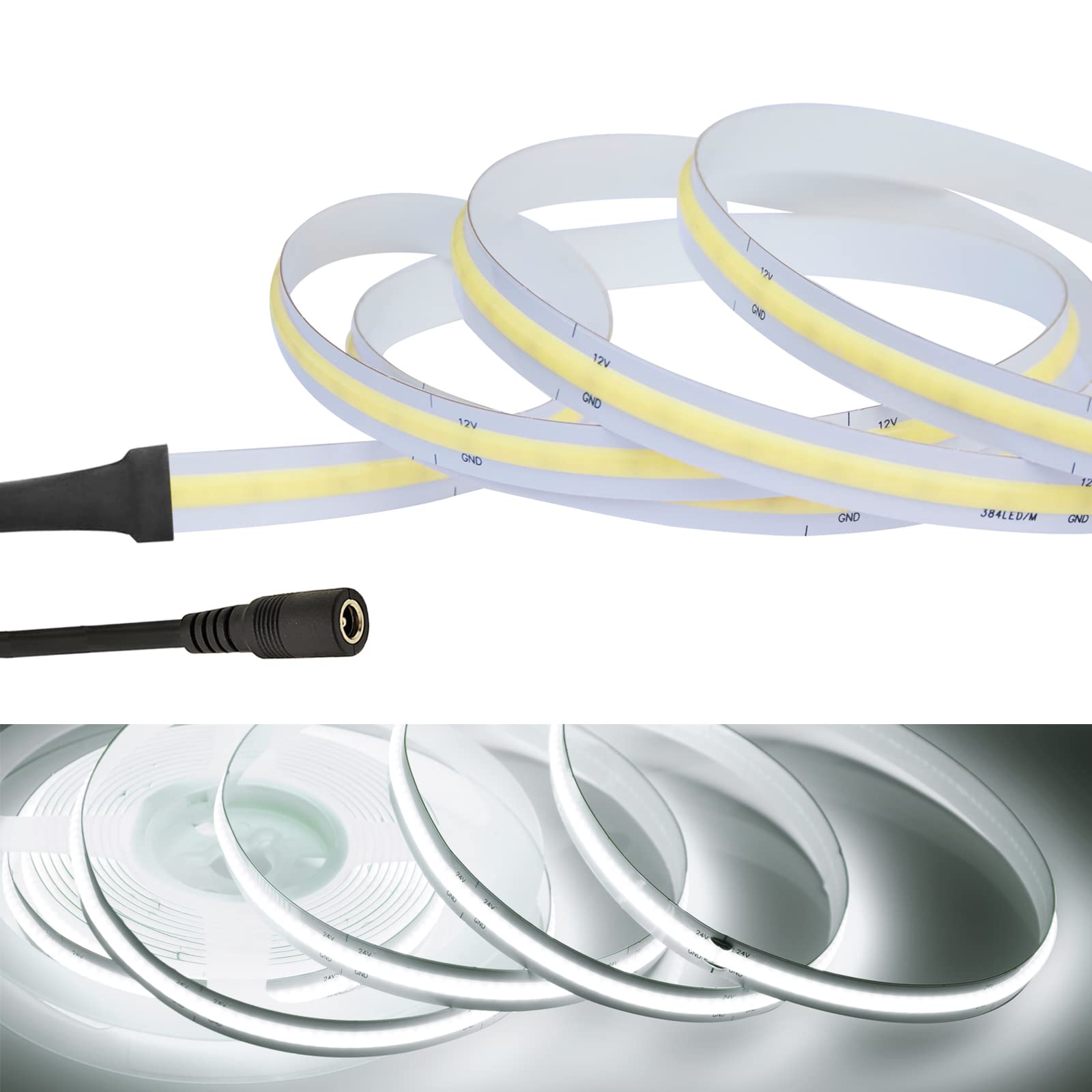 COB テープライトLEDストリップライトフレキシブル 高密度 LEDテープライト 4.5m 320LEDs/m 白光色6000K DC12V 180°発光CRI＞\u003d90，両面テープ変形可能 切断可能 寝室 キッチンホーム オフィス屋内装飾 (6000K 4.5m)（2セット）